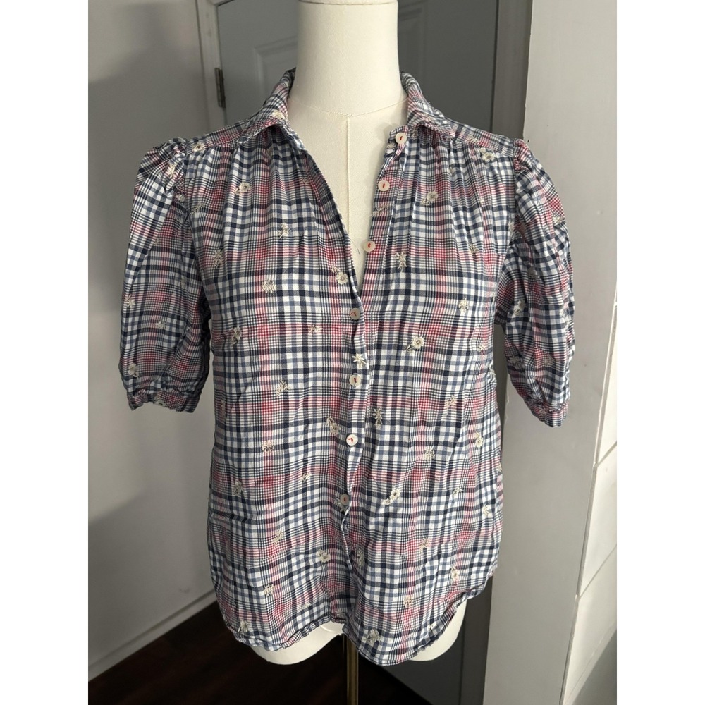 Anthropologie Shirt Womens Small Blue Plaid Embroidered Puff Sleeve Tunic Top